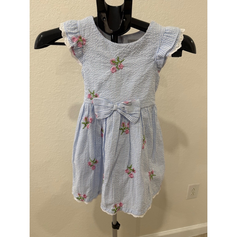 Rare Editions Girls Blue Seersucker Floral Embroidered Dress Size 6 Spring Bow
